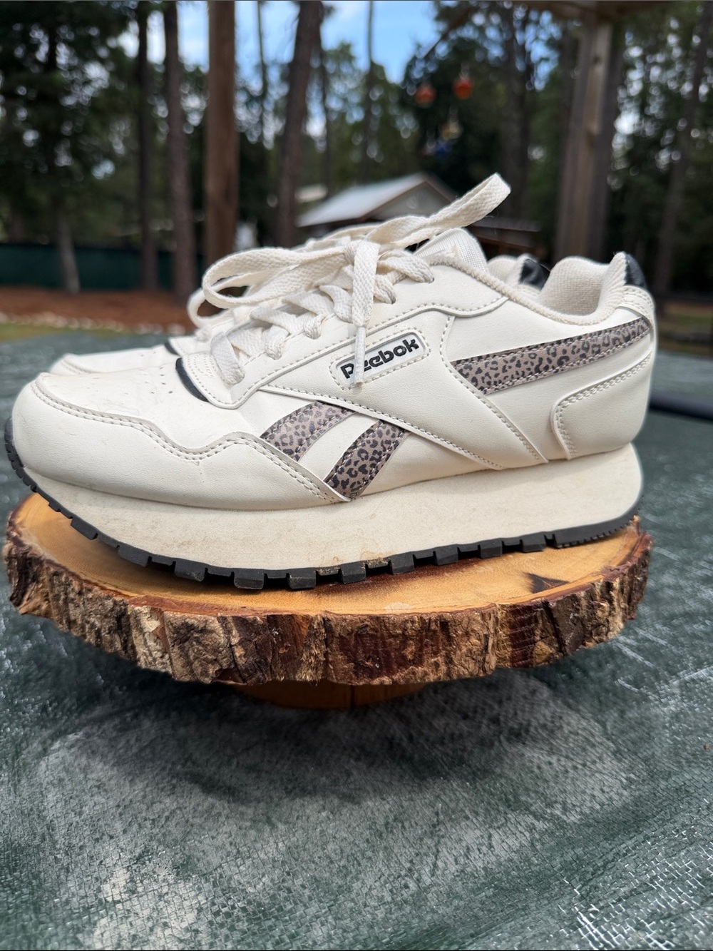 Reebok Off-White Leather Sneakers with Leopard Print Stripes